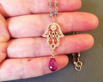 Rose Gold Hamsa Necklace: Labradorite & Ruby Gemstone, Bohemian Jewelry