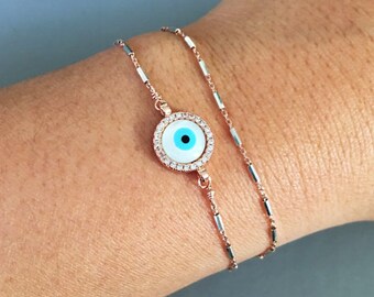 Evil eye Bracelet, Layered Bracelet, double layer bracelet, Dainty Evil eye jewelry, luck charm bracelet, celebrity inspired jewelry