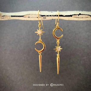 Dainty gold moon and star earrings, spike dangling earrings, crescent moon earrings, mismatch earrings unbalanced earrings, gift for her