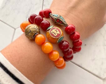 Orange Bead OM Bracelet: Stackable Unisex Resin Stretch Bracelet
