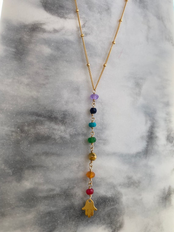 7 Chakras Stone Healing Necklace, Chakra Gemstone Necklace, Gold Hamsa  Necklace, Rainbow Necklace, Boho Chic, Chakra Necklace, Gift for Her 