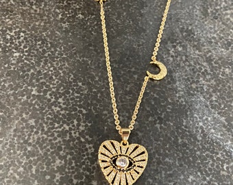 Large Heart necklace, Gold Evil eye necklace, moon and star necklace, All seeing eye jewelry, Third Eye necklace, Hanukah, Gift for her