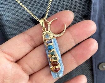 Raw Blue Kyanite Chakra Pendant Necklace, 7 Chakra Necklace, Chakra Crystals, healing Crystal Necklace, Gift for women, Gemstone necklace