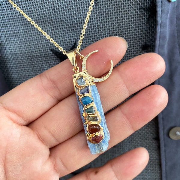 Raw Blue Kyanite 7 Chakra Pendant Necklace: 24K Gold Electroplated