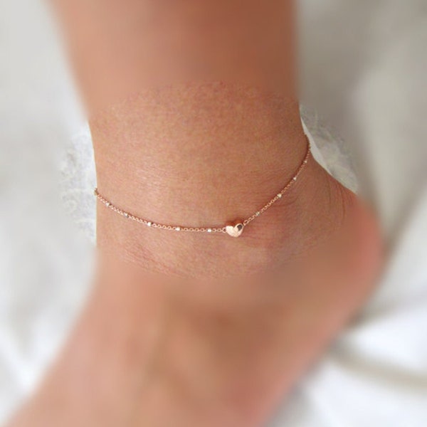 Rosegold Heart charm Anklet, minimalist anklet, Rose Gold satellite chain, Heart Anklet, Dainty Birthday gift, Bridesmaid Anklets