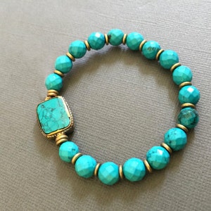 Turquoise Beaded Bracelet: Brass Accents, Adjustable Stacking Jewelry