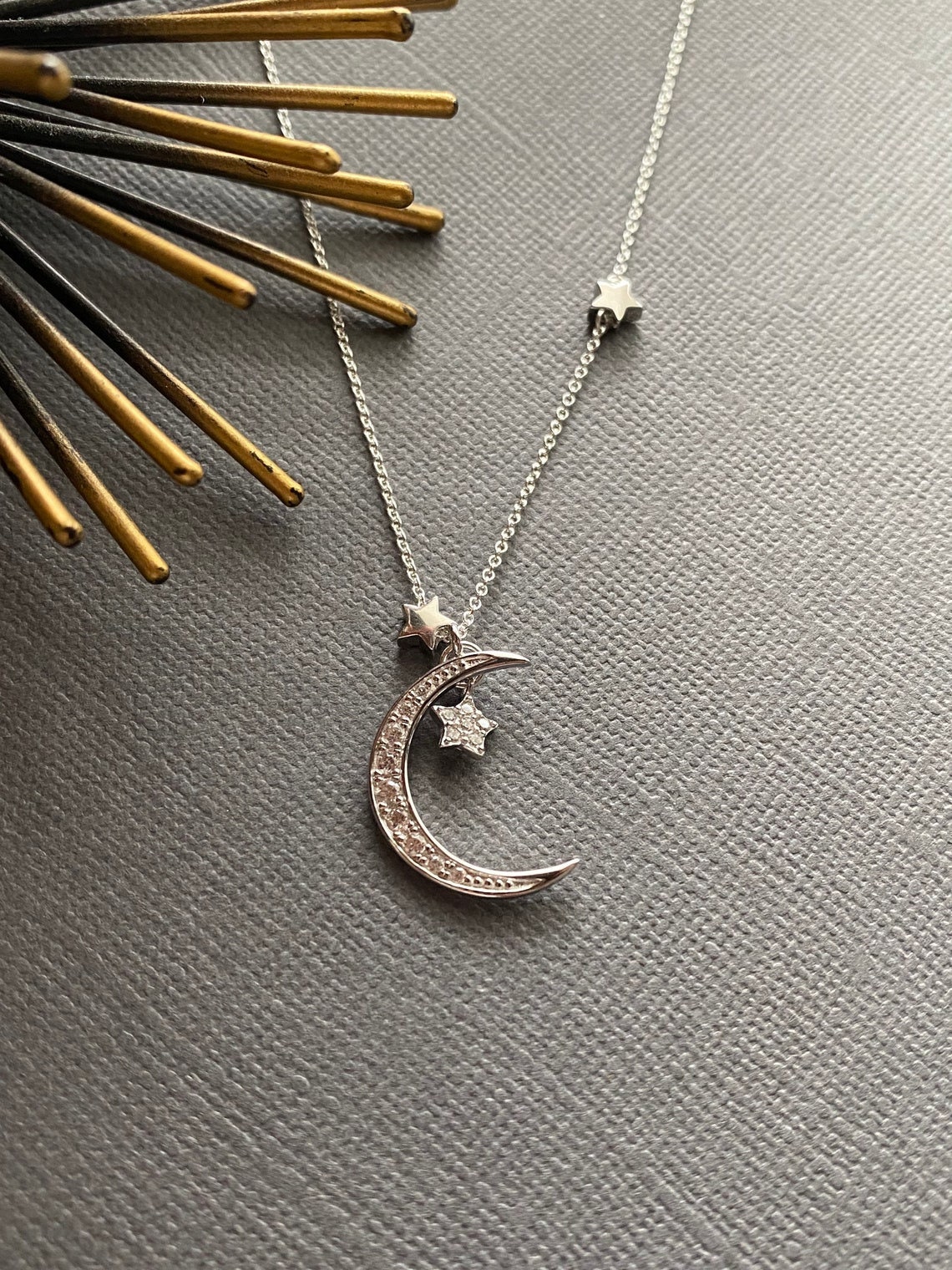 Silver Crescent Moon and Star Necklace 925 Star Necklace Etsy