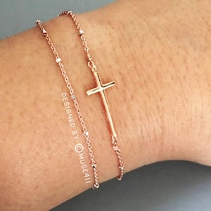 Rose Gold Cross Bracelet: Vermeil Satellite Chain, Baptism Gift