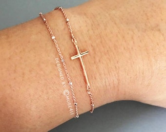 Rose Gold Cross bracelet, Sideways Cross Bracelet, Baptism Gift, Godmother gift, birthday gift, Double Layered Bracelet, Graduation gift