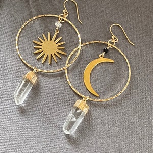 Mismatched Sun and Moon Earrings: Crystal Celestial Jewelry