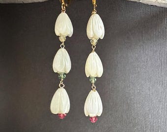 Carved MOP Flower Earrings: Jasmine Pikake, Gold Hoops