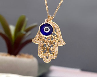 Gold Hamsa and Blue Evil eye necklace, dainty Blue Evil eye necklace, Hamsa pendant necklace, good luck, Gift for women, Christmas gift