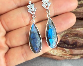 Teardrop Labradorite Earrings: Gold Boho Gemstone, Bridal Jewelry