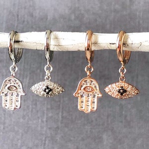 Dainty Evil Eye Hamsa Hoop Earrings: Rhinestone Silver Plated Jewelry