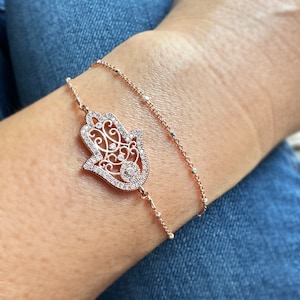 Rose Gold Hamsa Bracelet: Sterling Silver Double Chain, CZ Charm