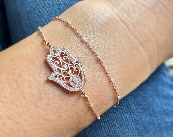 Rose gold hamsa bracelet, hamsa bracelet, double wrapped chain bracelet, Hamsa charm on double satellite chain, yoga, gift for her, Hanukkah