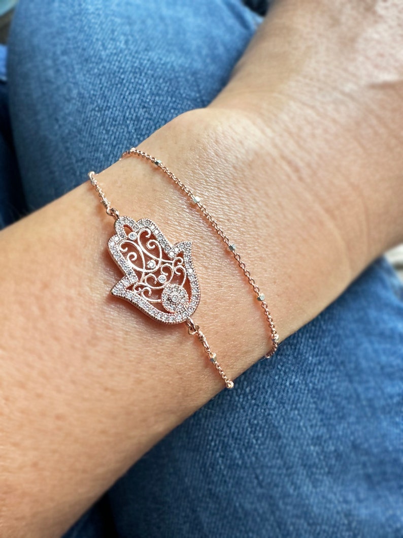 Rose gold hamsa bracelet, hamsa bracelet, double wrapped chain bracelet, Hamsa charm on double satellite chain, yoga, gift for her, Hanukkah image 1