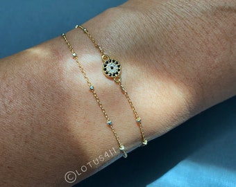 Tiny Evil Eye Bracelet: Rose Gold Sterling Silver Satellite Chain