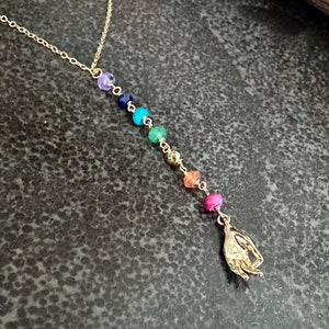 Chakra Stone Necklace: Hamsa Charm, Healing Gemstone, Boho Chic