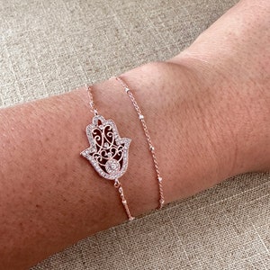 Rose gold hamsa bracelet, hamsa bracelet, double wrapped chain bracelet, Hamsa charm on double satellite chain, yoga, gift for her, Hanukkah image 6