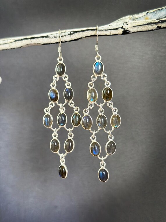 Orecchini A Goccia Con Labradorite E Topazio Bianco, Placcati Oro Giallo 18k - Regalo Perfetto Per La Mamma