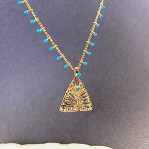 Gold Triangle pendant necklace, Evil eye pendant, Turquoise necklace, Triangle evil eye Necklace, Protection healing Jewelry, lotus411