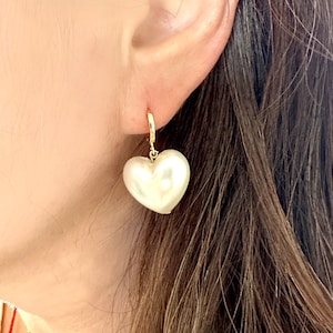 Large Acrylic Pearl Heart Earrings: Gold Huggie Dangle