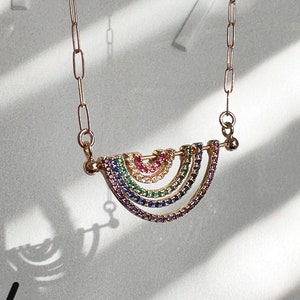 Gold Filled Rainbow Necklace: CZ Pendant on Paperclip Chain