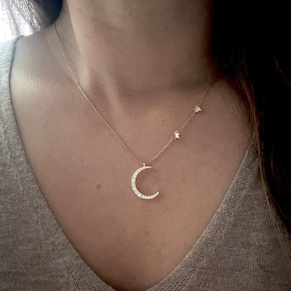 Moon and star necklace, gold crescent moon necklace, mother daughter necklace, Anniversary gift, celestial Necklace, love you to the moon