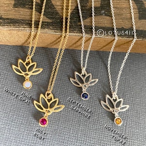 Dainty Lotus Flower Birthstone Necklace: Silver or Gold