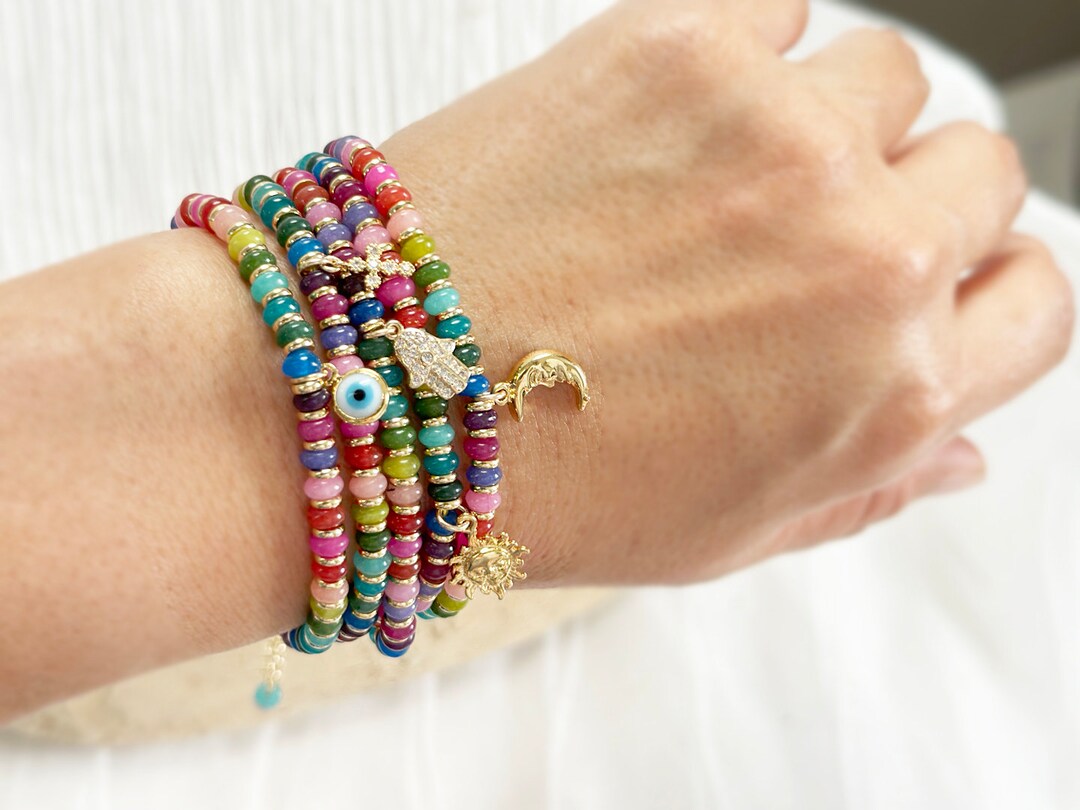 Rainbow Beaded Bracelet, Adjustable Bracelet, Cross, Sun, Moon and Evil ...