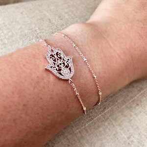 Rose gold hamsa bracelet, hamsa bracelet, double wrapped chain bracelet, Hamsa charm on double satellite chain, yoga, gift for her, Hanukkah image 4