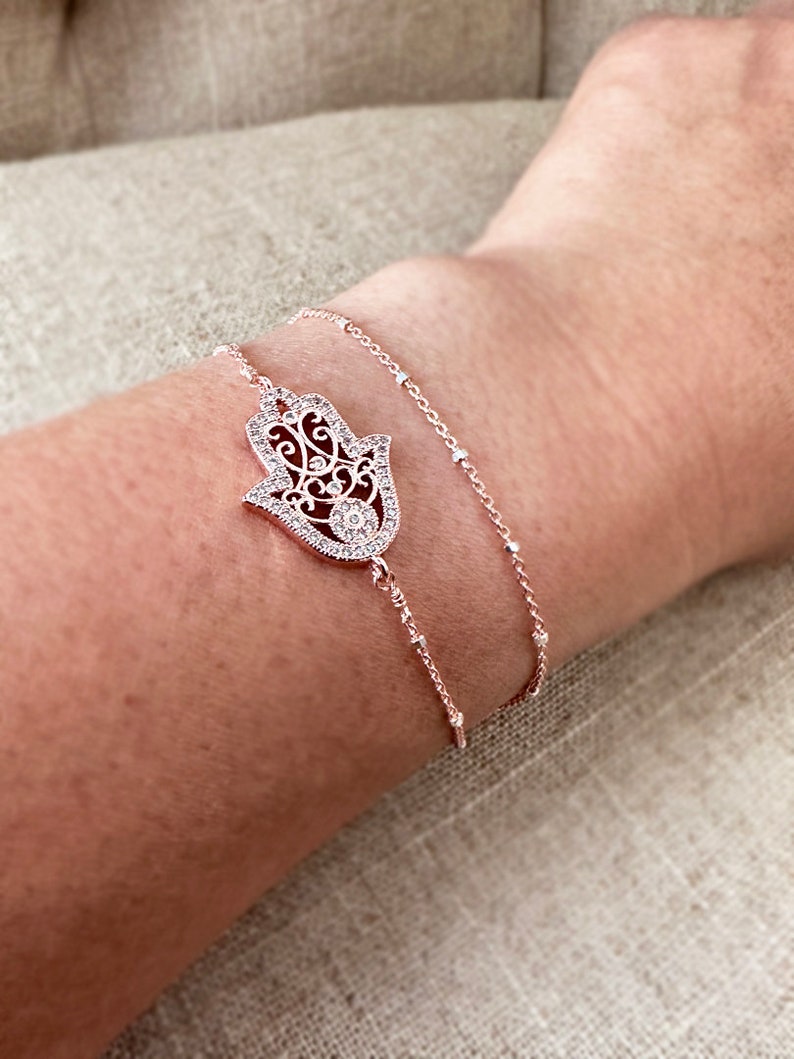 Rose gold hamsa bracelet, hamsa bracelet, double wrapped chain bracelet, Hamsa charm on double satellite chain, yoga, gift for her, Hanukkah image 4