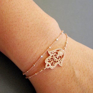 Rose gold hamsa bracelet, hamsa bracelet, double wrapped chain bracelet, Hamsa charm on double satellite chain, yoga, gift for her, Hanukkah image 3
