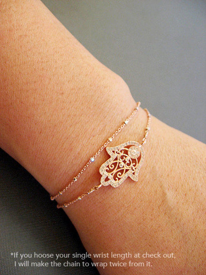 Rose gold hamsa bracelet, hamsa bracelet, double wrapped chain bracelet, Hamsa charm on double satellite chain, yoga, gift for her, Hanukkah image 3