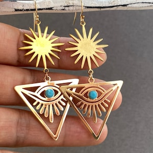Raw brass Evil eye Earrings, Geometric dangling earrings, sunburst jewelry, gift for yogi, bohemian evil eye jewelry, boho chic