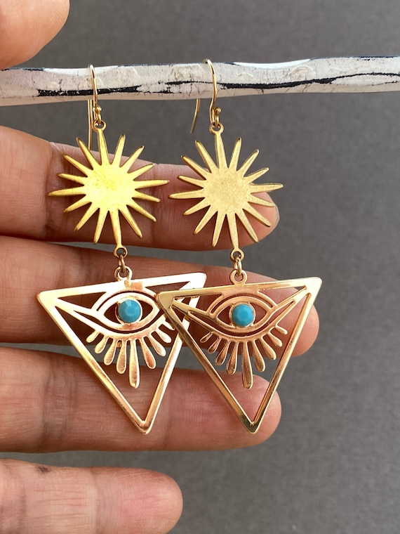 Turquoise Evil Eye Earrings: Geometric Raw Brass Sunburst Boho Jewelry