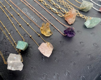 Raw gemstone necklace, Healing Crystal Necklace, Rose Quartz, Minimalist jewelry, Raw Stone Pendant, Birthstone necklace, gift for her