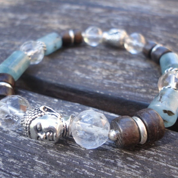 Buddha Bracelet with Blue Kyanite and Crystal Quartz, Spiritual Bracelet