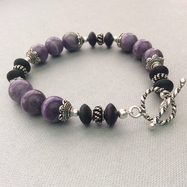 Lepidolite, Matte Onyx, Sterling Silver Womens Bracelet #1054