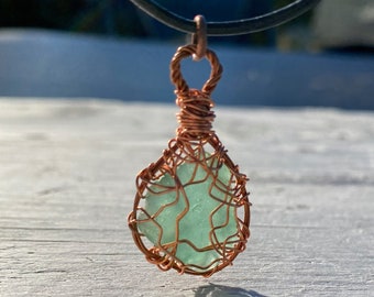 SeaGlass Necklace copper wire wrapped pendant leather cord genuine aqua beach glass unique whimsical upcycled sustainable gift