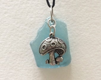 Sea Glass Jewelry Genuine Aqua BeachGlass Pendant with Mushroom charm chunky blue seaglass necklace upcycled repurposed sustainable gift