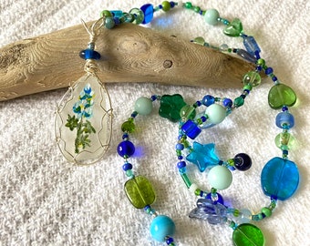 Bluebonnet pendant necklace silver wire wrapped genuine hand painted seaglass  fits over the head nice Mothers Day gift in blues and greens