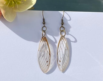 Cicada wing earrings resin embedded insect wing jewelry delicate transparent light fairy earrings quirky indie aesthetic style from nature
