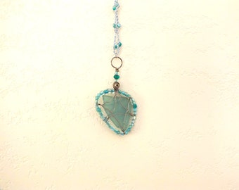 Sea Glass Necklace deep aquamarine beachglass wire wrapped pendant on custom beaded crochet fits over head necklace