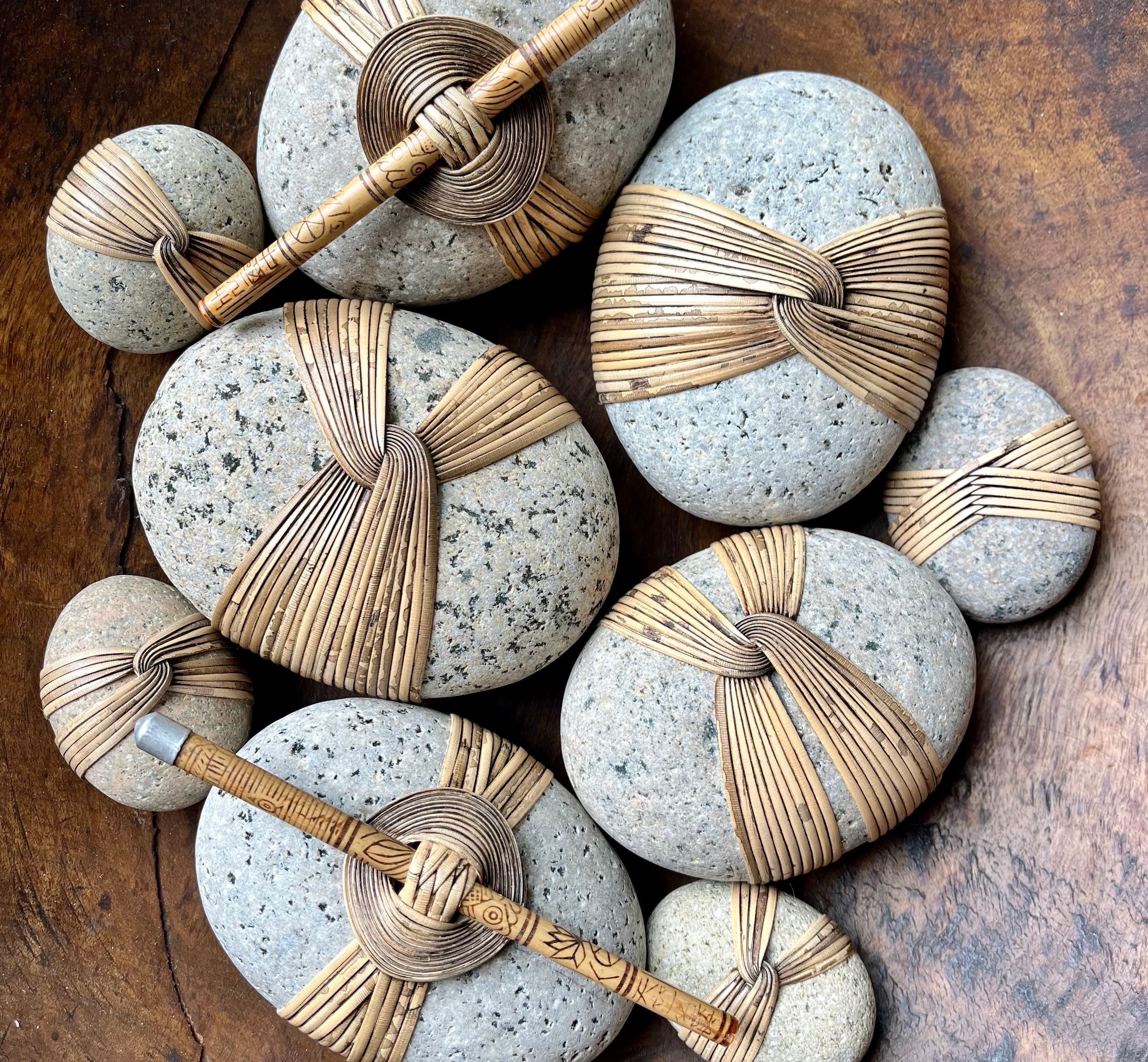 Large Cane Wrapped Rock, Wrapped Stone, Zen Stone, Wrapped