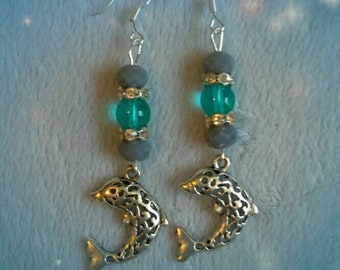 Dolphin Earrings Gray Blue Ocean beads Rhinestone spacers. Sterling Silver ear hooks. Dolphin Love!!