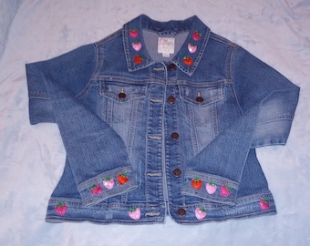 Children's Place Denim Jean Jacket Kids 14 XL Strawberry Applique Patches