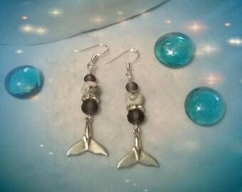 Humpback/Gray/Right Whale Fluke earrings, Gray White beads, Sterling Silver ear hooks