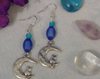 Silver Cat on the Moon charm earrings Blue beads
